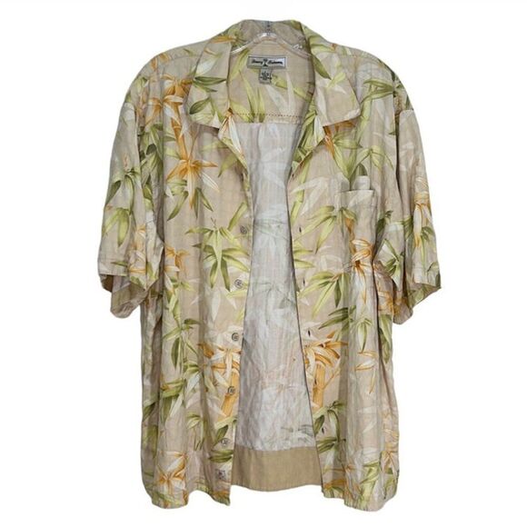 Tommy Bahama - Men's Vintage Hawaiian Floral Silk Short Sleeve Shirt, Size L Tan - Picture 2 of 16